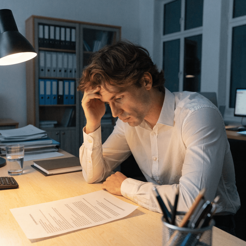 Steuerberateranwärter liest den Bescheid zur Steuerberaterprüfung im Büro