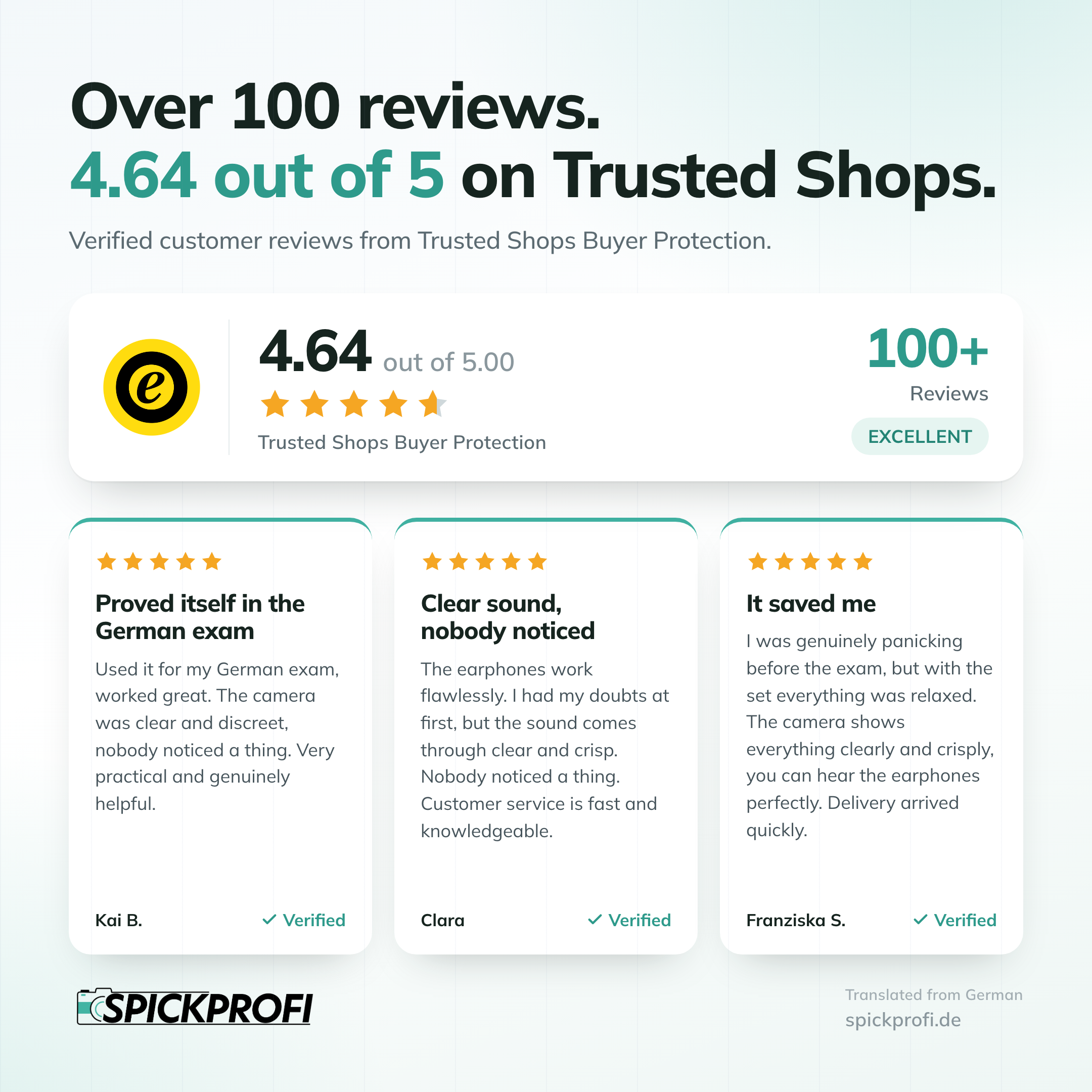 Spickprofi reviews - 4.64 out of 5 on Trusted Shops, over 100 verified customer reviews