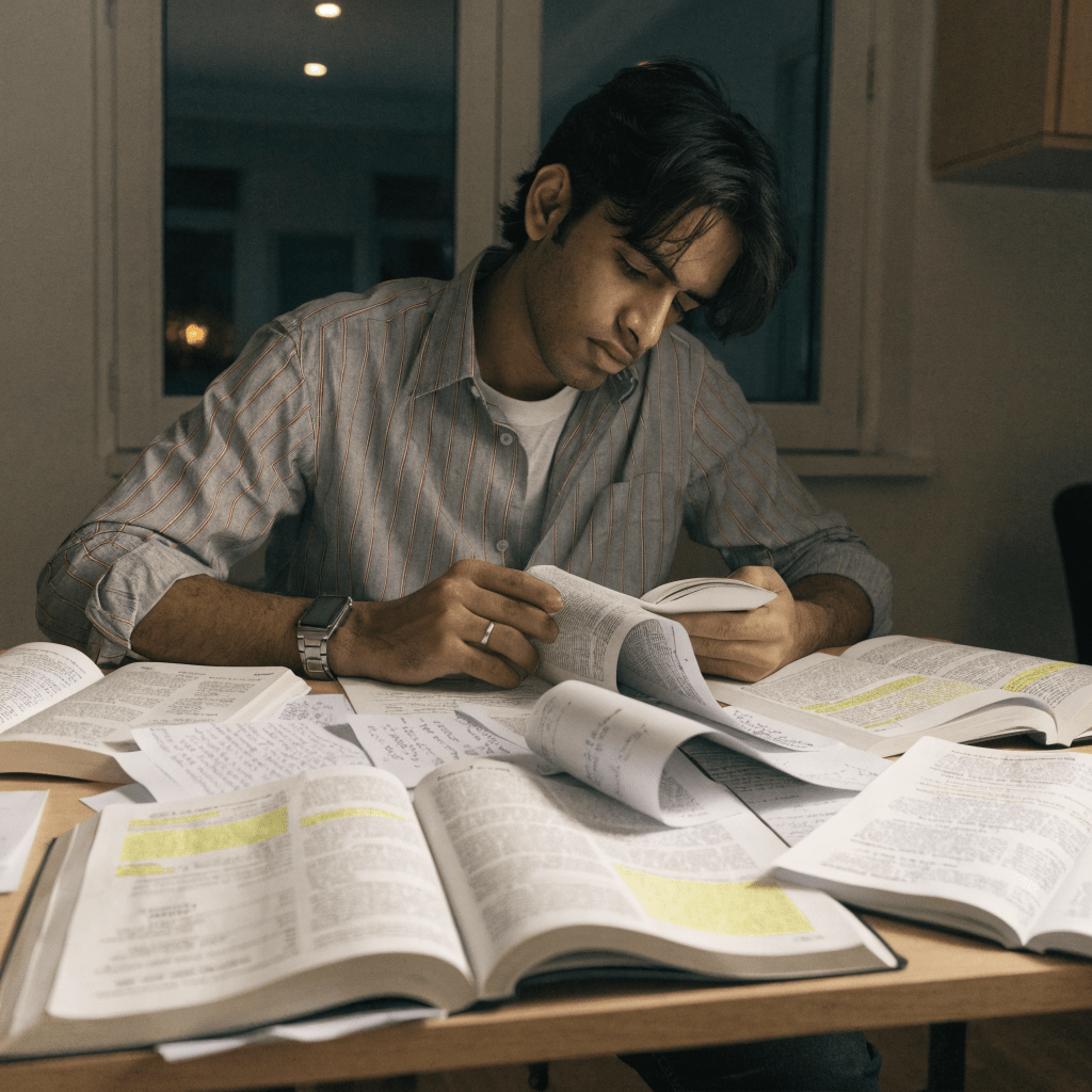 Student beim erfolglosen Auswendiglernen durch stures Wiederlesen von Lernunterlagen
