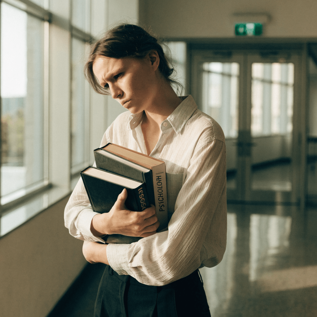 Psychologie-Absolventin mit Fachbüchern vor der Approbationsprüfung Psychotherapie