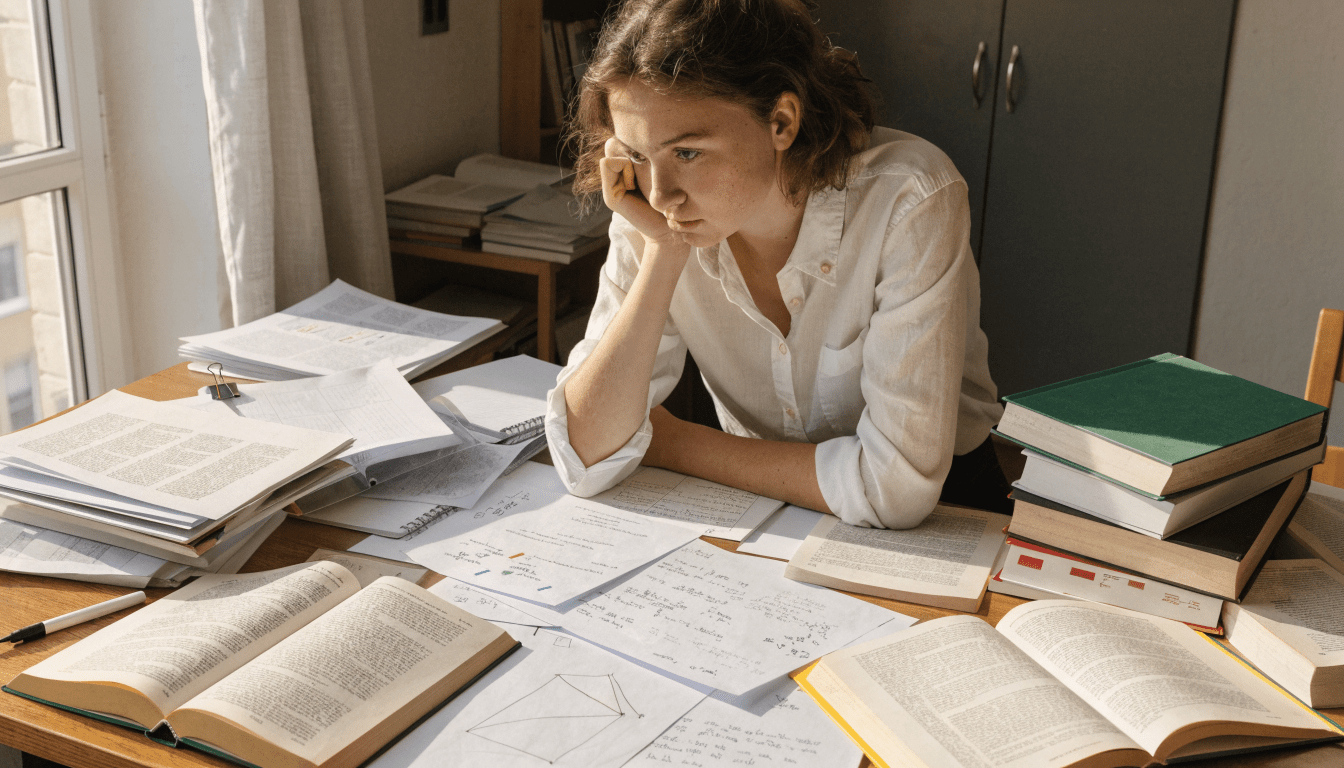 Schülerin sitzt vor einem Stapel Bücher ohne Lernplan