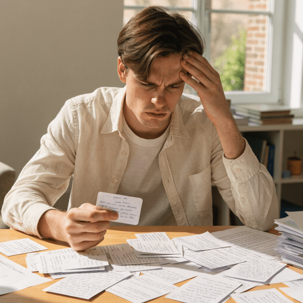 Student lernt ohne System und wirkt überfordert von zu vielen Informationen
