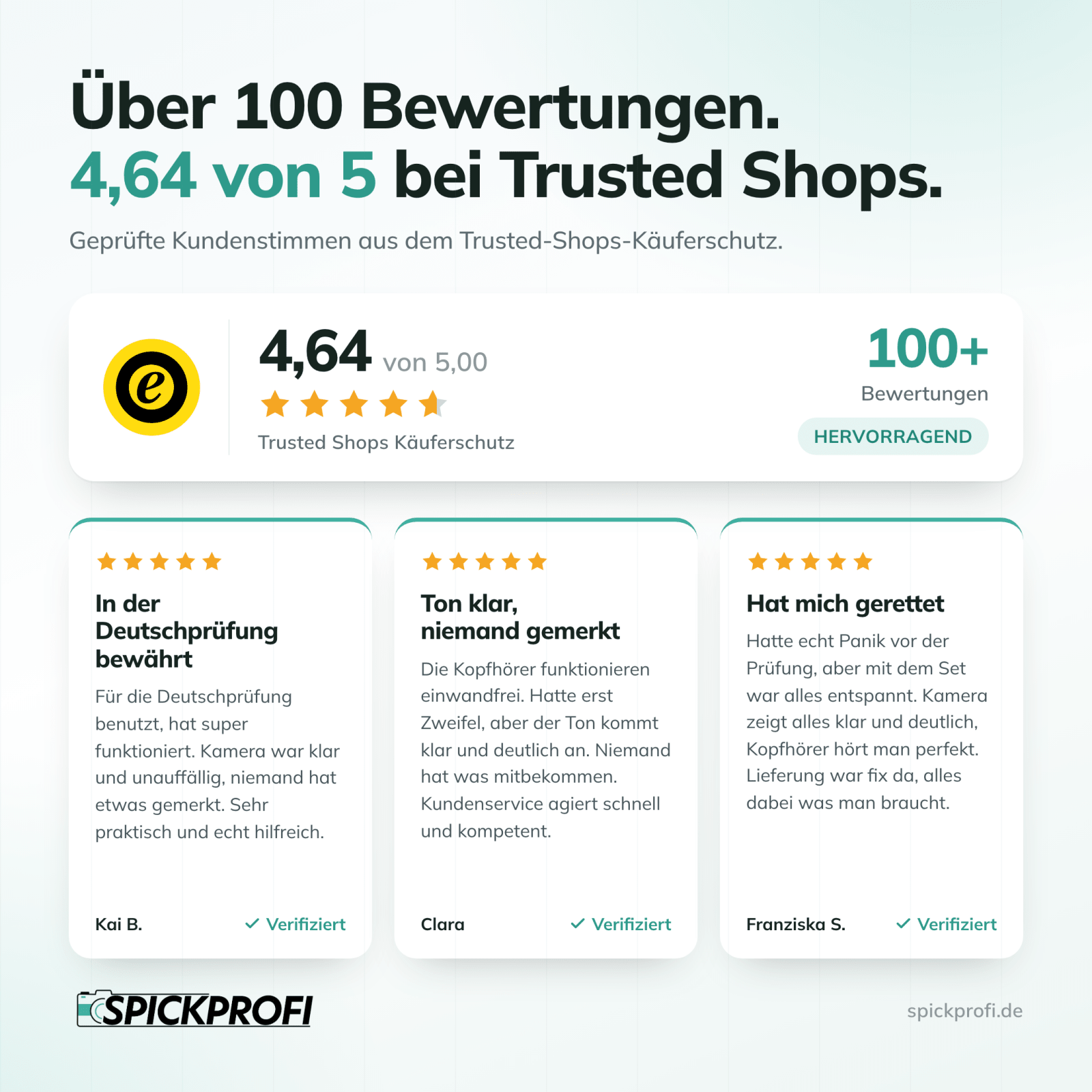 Spickprofi Bewertungen - 4,64 von 5 bei Trusted Shops, ueber 100 verifizierte Kundenbewertungen