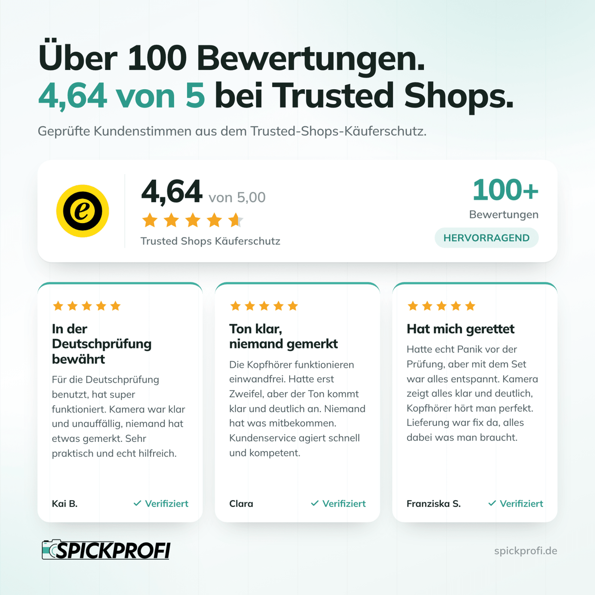 Spickprofi Bewertungen - 4,64 von 5 bei Trusted Shops, ueber 100 verifizierte Kundenbewertungen