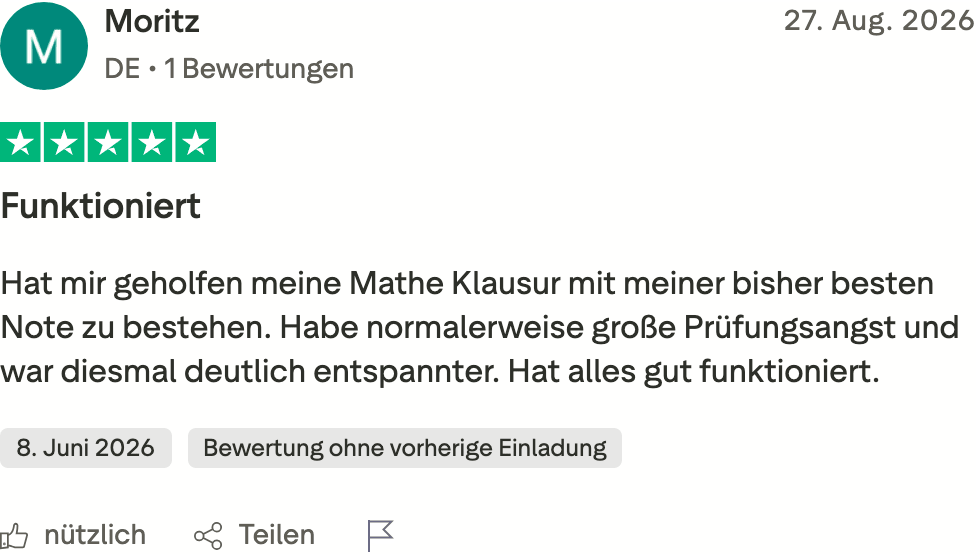 Opinión en Trustpilot de Moritz, 27/08/2026, 5 estrellas: examen de matemáticas aprobado con su mejor nota hasta ahora
