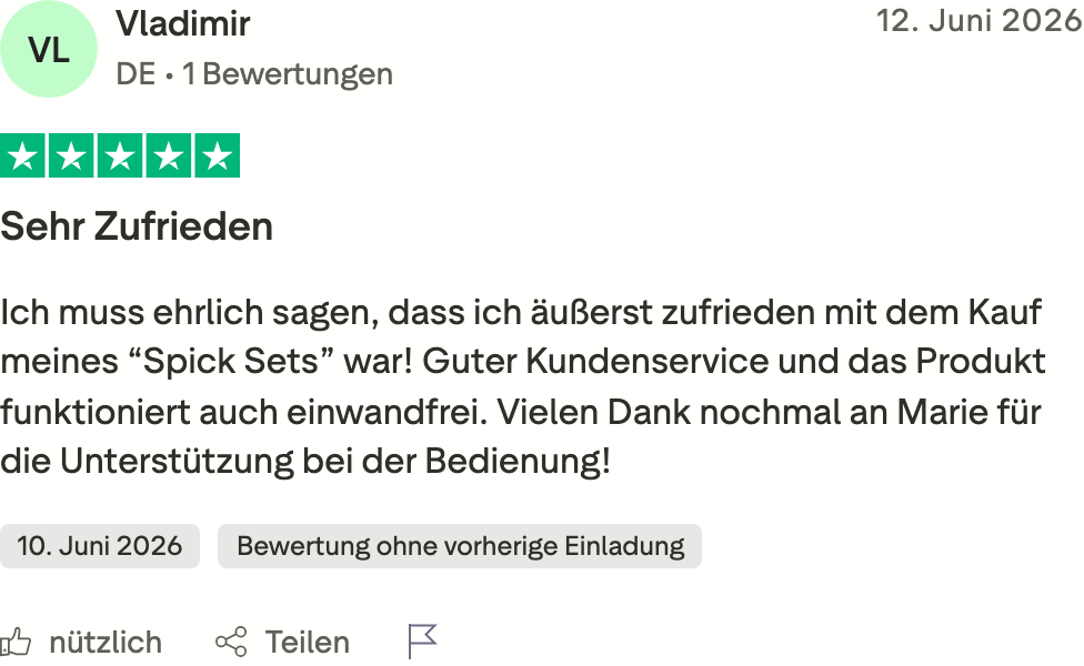 Opinión en Trustpilot de Vladimir, 12/06/2026, 5 estrellas: muy satisfecho con el kit de trucos, buena atención al cliente