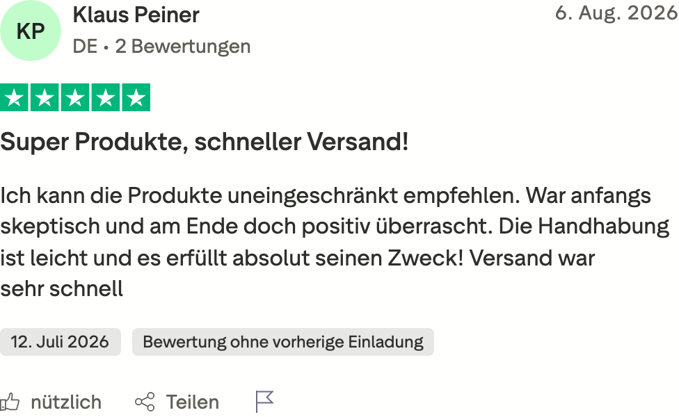 Opinión en Trustpilot de Klaus Peiner, 06/08/2026, 5 estrellas: escéptico al principio, gratamente sorprendido, envío rápido