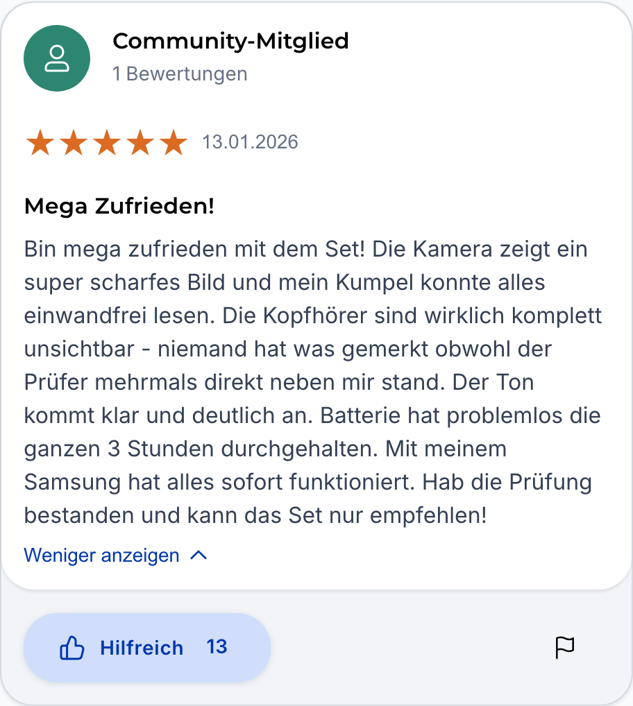 Opinión en Trusted Shops del 13/01/2026, 5 estrellas: muy satisfecho con el kit, imagen nítida, auriculares invisibles, examen aprobado